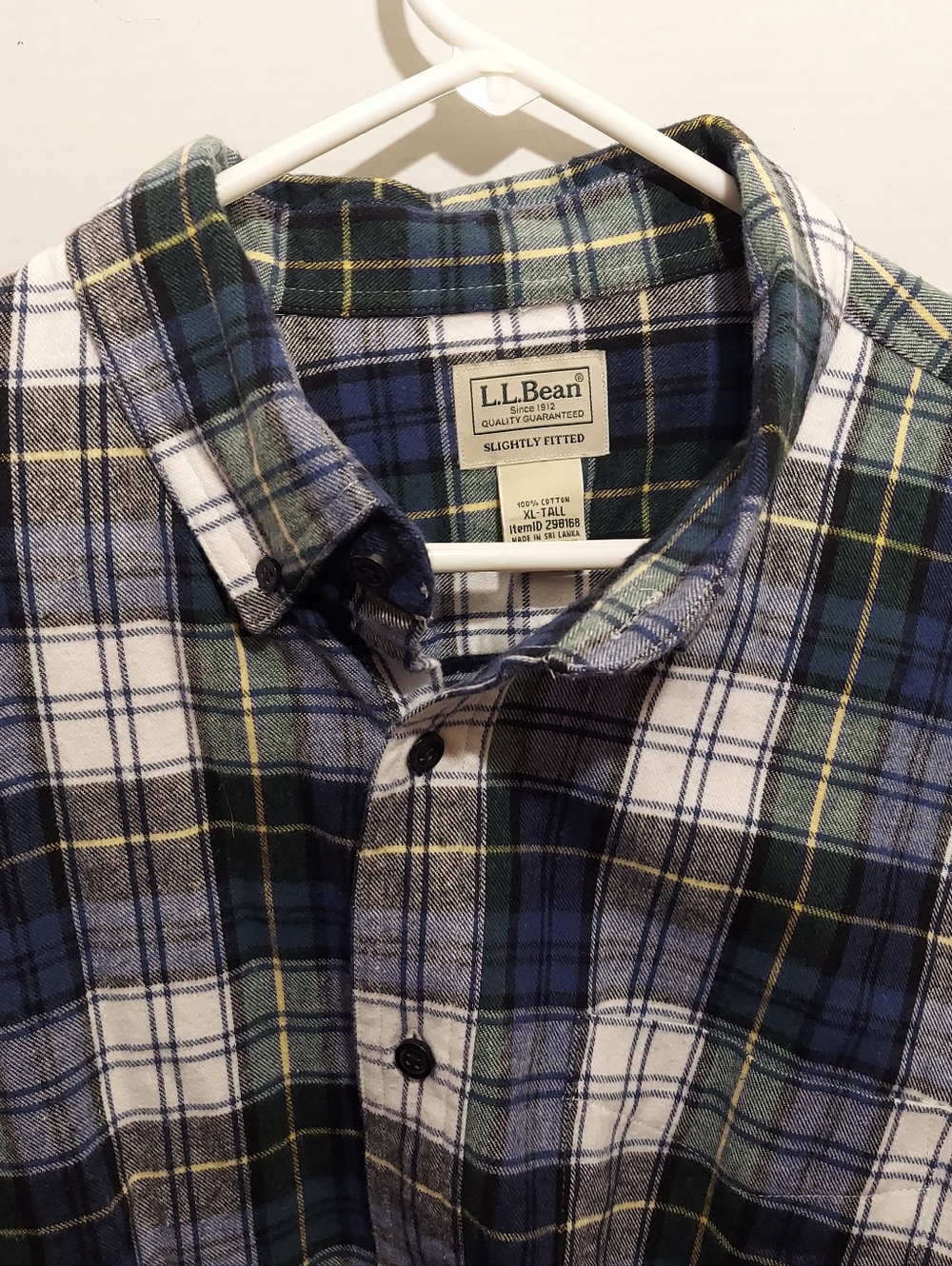 LL Bean Scotch Tartan Plaid Green Blue Stewart Flannel Shirt Mens XL Tall XLT